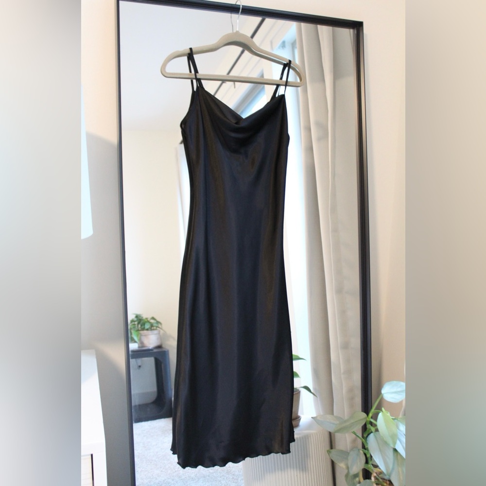 BEBE SATIN COWL NECK SLIP MIDI DRESS
